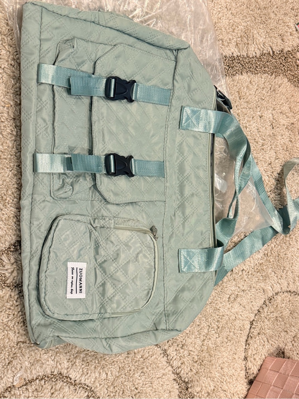 Beauty Quilted Mint Green Travel Tote with Buckle Details